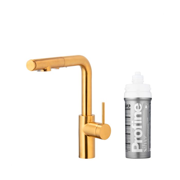 Bateria zlewozmywakowa stojąca z funkcją filtrowania wody, filtr SILVER S ARMATURA KRAKÓW DUERO PURE BASIC 1-otworowa ze stali nierdzewnej brushed gold PVD z wyciąganą wylewką  | 662311431