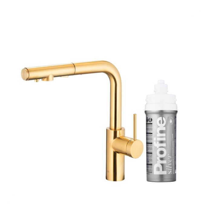Bateria zlewozmywakowa stojąca z funkcją filtrowania wody, filtr SILVER S ARMATURA KRAKÓW DUERO PURE BASIC 1-otworowa ze stali nierdzewnej brushed light gold PVD z wyciąganą wylewką  | 662311439