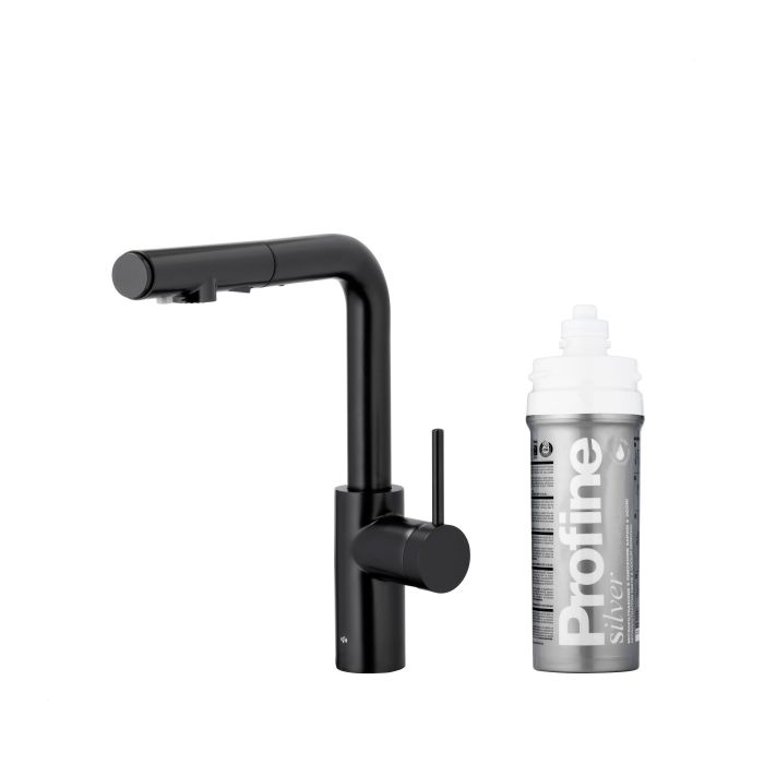 Bateria zlewozmywakowa stojąca z funkcją filtrowania wody, filtr SILVER S ARMATURA KRAKÓW DUERO PURE BASIC 1-otworowa ze stali nierdzewnej black z wyciąganą wylewką  | 662311481