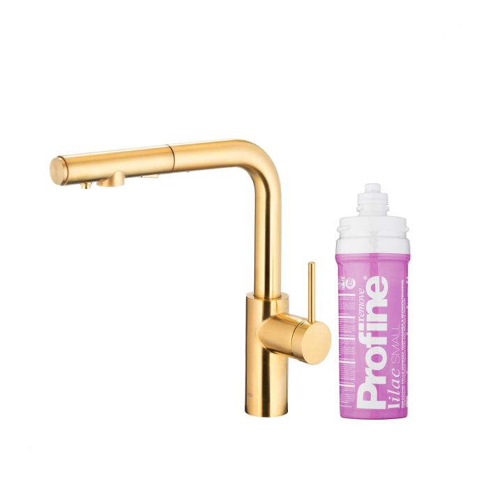 Bateria zlewozmywakowa stojąca z funkcją filtracji wody, filtr LILAC S ARMATURA KRAKÓW DUERO PURE BASIC 1-otworowa ze stali nierdzewnej brushed light gold PVD z wyciąganą wylewką  | 662311539