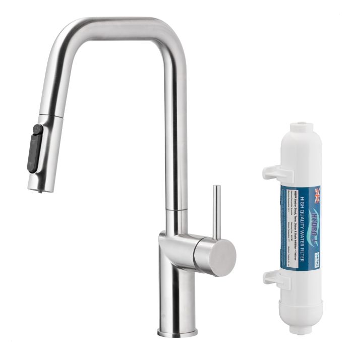 Bateria zlewozmywakowa stojąca z funkcją filtracji wody, filtr HYDRO+ ARMATURA KRAKÓW DUERO PURE STYLE 1-otworowa ze stali nierdzewnej inox z wyciąganą wylewką  | 662331222