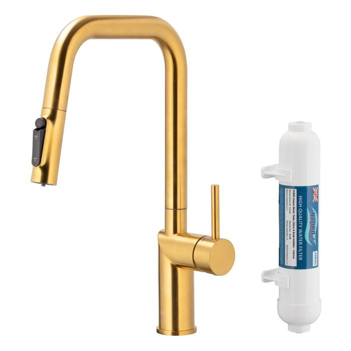 Bateria zlewozmywakowa stojąca z funkcją filtracji wody, filtr HYDRO+ ARMATURA KRAKÓW DUERO PURE STYLE 1-otworowa ze stali nierdzewnej brushed gold PVD z wyciąganą wylewką  | 662331231