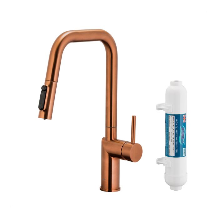 Bateria zlewozmywakowa stojąca z funkcją filtracji wody, filtr HYDRO+ ARMATURA KRAKÓW DUERO PURE STYLE 1-otworowa ze stali nierdzewnej brushed rose gold PVD z wyciąganą wylewką  | 662331234