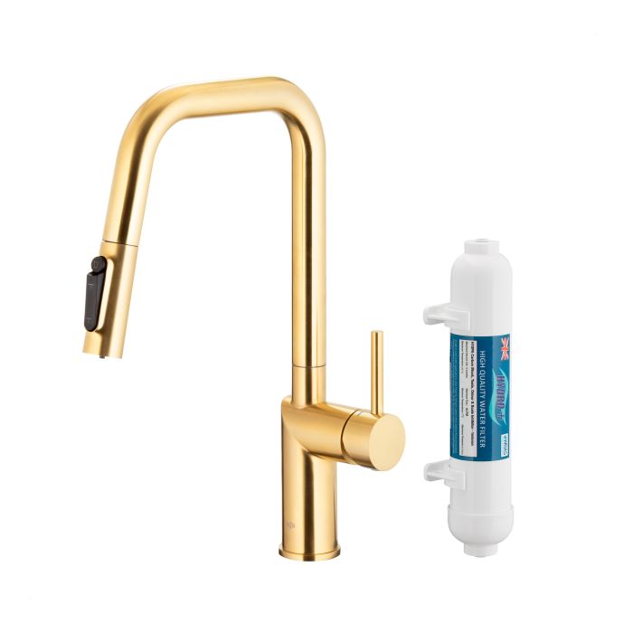 Bateria zlewozmywakowa stojąca z funkcją filtracji wody, filtr HYDRO+ ARMATURA KRAKÓW DUERO PURE STYLE 1-otworowa ze stali nierdzewnej brushed light gold PVD z wyciąganą wylewką  | 662331239