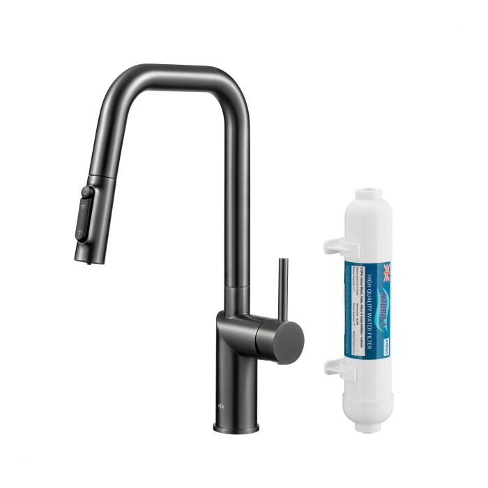 Bateria zlewozmywakowa stojąca z funkcją filtracji wody, filtr HYDRO+ ARMATURA KRAKÓW DUERO PURE STYLE 1-otworowa ze stali nierdzewnej gun metal grey PVD z wyciąganą wylewką  | 662331261