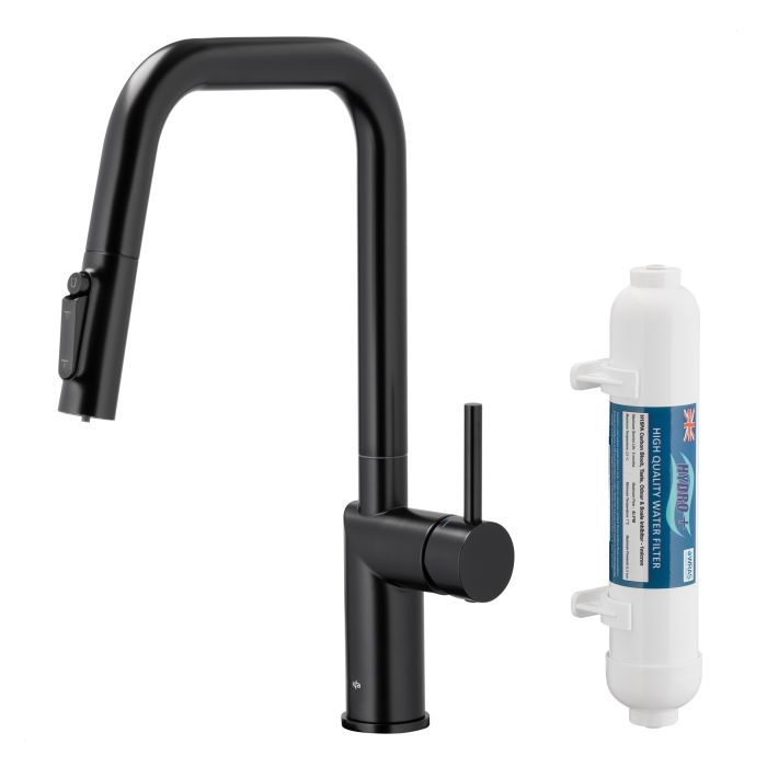Bateria zlewozmywakowa stojąca z funkcją filtracji wody, filtr HYDRO+ ARMATURA KRAKÓW DUERO PURE STYLE 1-otworowa ze stali nierdzewnej black z wyciąganą wylewką  | 662331281