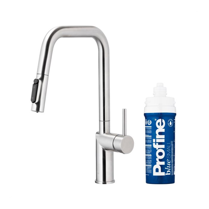 Bateria zlewozmywakowa stojąca z funkcją filtracji wody, filtr BLUE S ARMATURA KRAKÓW DUERO PURE STYLE 1-otworowa ze stali nierdzewnej inox z wyciąganą wylewką  | 662331322