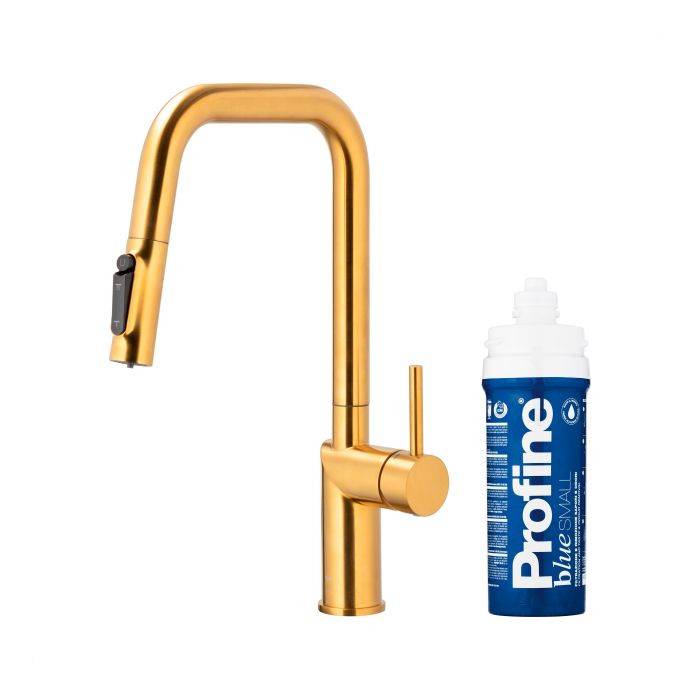 Bateria zlewozmywakowa stojąca z funkcją filtracji wody, filtr BLUE S ARMATURA KRAKÓW DUERO PURE STYLE 1-otworowa ze stali nierdzewnej brushed gold PVD z wyciąganą wylewką  | 662331331