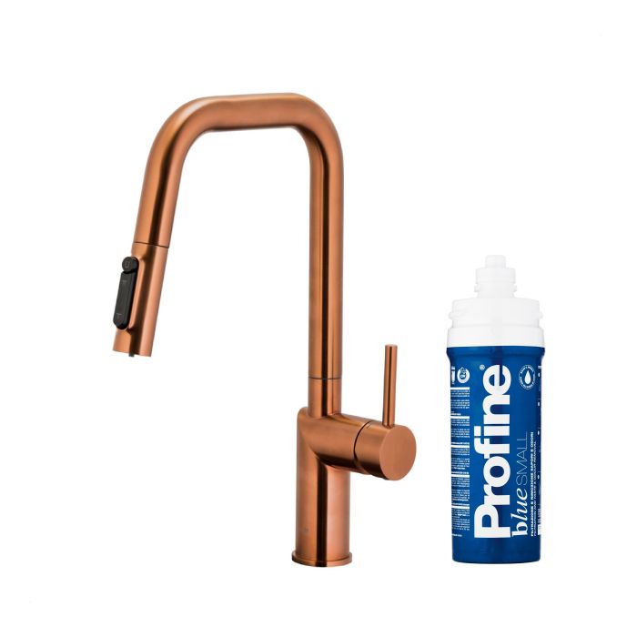 Bateria zlewozmywakowa stojąca z funkcją filtracji wody, filtr BLUE S ARMATURA KRAKÓW DUERO PURE STYLE 1-otworowa ze stali nierdzewnej brushed rose gold PVD z wyciąganą wylewką  | 662331334
