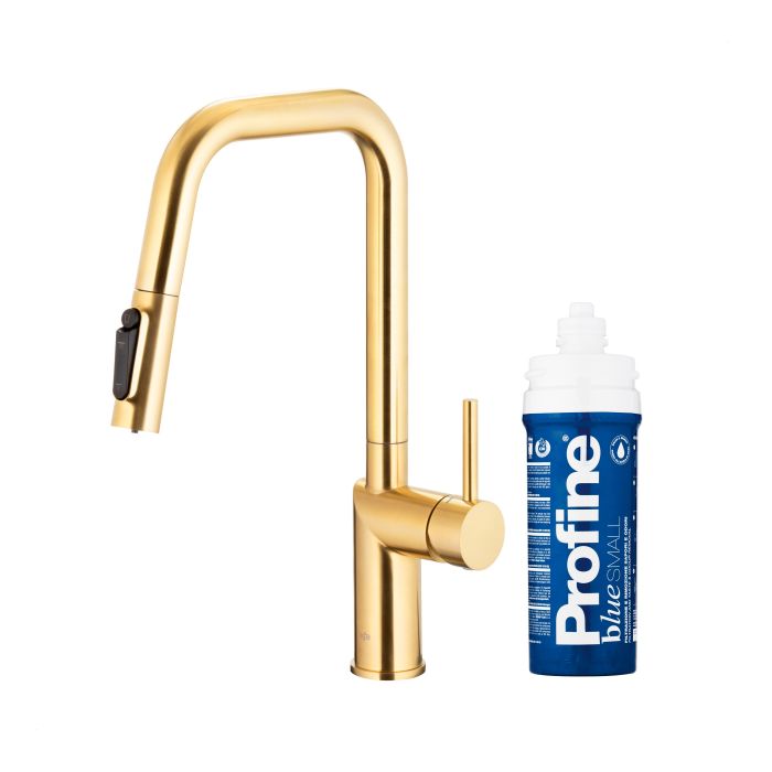 Bateria zlewozmywakowa stojąca z funkcją filtracji wody, filtr BLUE S ARMATURA KRAKÓW DUERO PURE STYLE 1-otworowa ze stali nierdzewnej brushed light gold PVD z wyciąganą wylewką  | 662331339