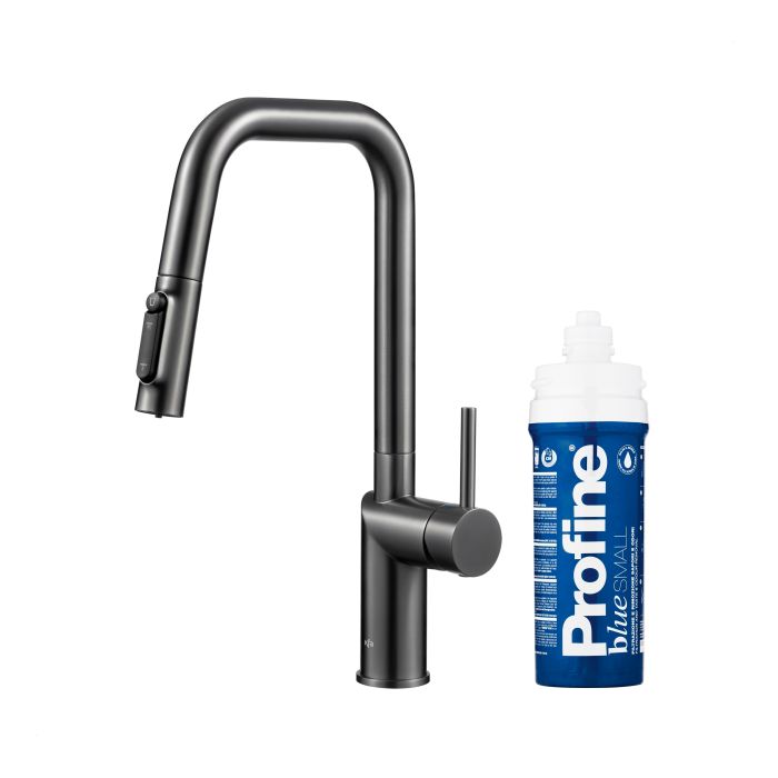 Bateria zlewozmywakowa stojąca z funkcją filtracji wody, filtr BLUE S ARMATURA KRAKÓW DUERO PURE STYLE 1-otworowa ze stali nierdzewnej gun metal grey PVD z wyciąganą wylewką  | 662331361