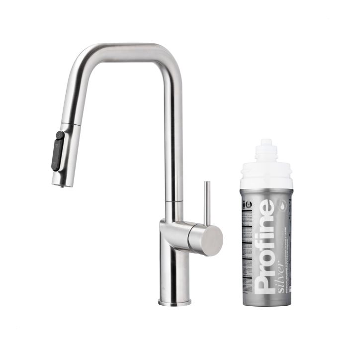 Bateria zlewozmywakowa stojąca z funkcją filtrowania wody, filtr SILVER S ARMATURA KRAKÓW DUERO PURE STYLE 1-otworowa ze stali nierdzewnej inox z wyciąganą wylewką  | 662331422