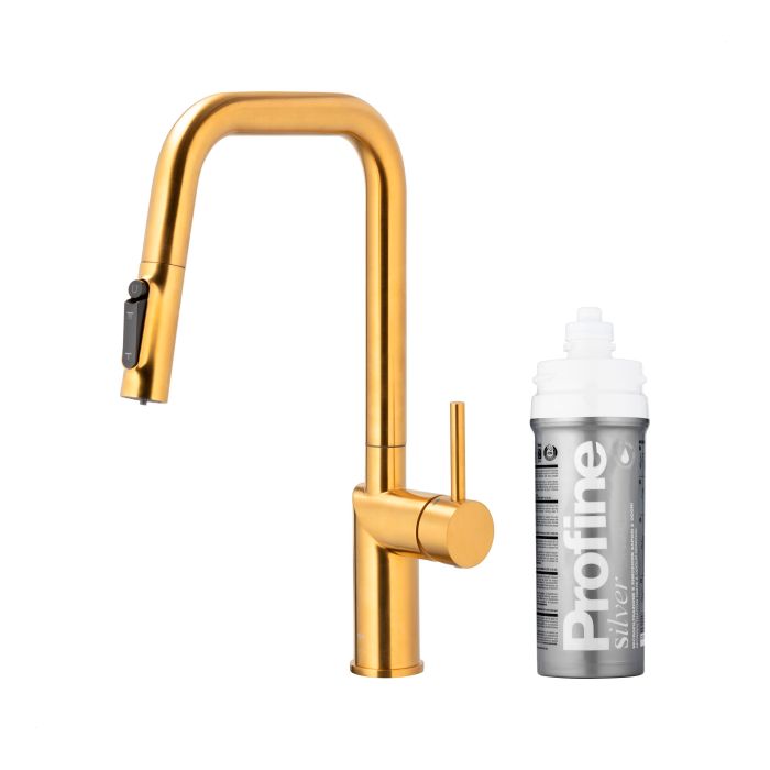 Bateria zlewozmywakowa stojąca z funkcją filtrowania wody, filtr SILVER S ARMATURA KRAKÓW DUERO PURE STYLE 1-otworowa ze stali nierdzewnej brushed gold PVD z wyciąganą wylewką  | 662331431