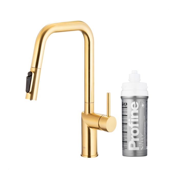 Bateria zlewozmywakowa stojąca z funkcją filtrowania wody, filtr SILVER S ARMATURA KRAKÓW DUERO PURE STYLE 1-otworowa ze stali nierdzewnej brushed light gold PVD z wyciąganą wylewką  | 662331439