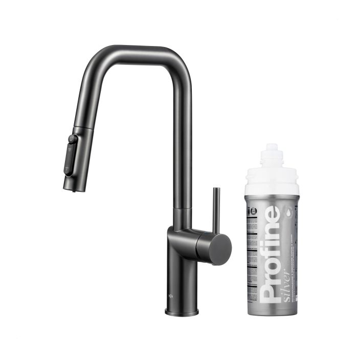 Bateria zlewozmywakowa stojąca z funkcją filtrowania wody, filtr SILVER S ARMATURA KRAKÓW DUERO PURE STYLE 1-otworowa ze stali nierdzewnej gun metal grey PVD z wyciąganą wylewką  | 662331461