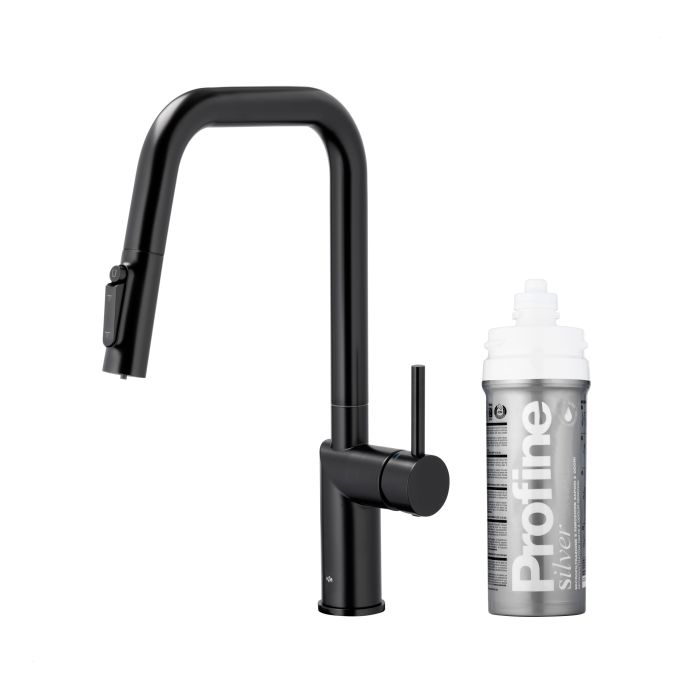 Bateria zlewozmywakowa stojąca z funkcją filtrowania wody, filtr SILVER S ARMATURA KRAKÓW DUERO PURE STYLE 1-otworowa ze stali nierdzewnej black z wyciąganą wylewką  | 662331481