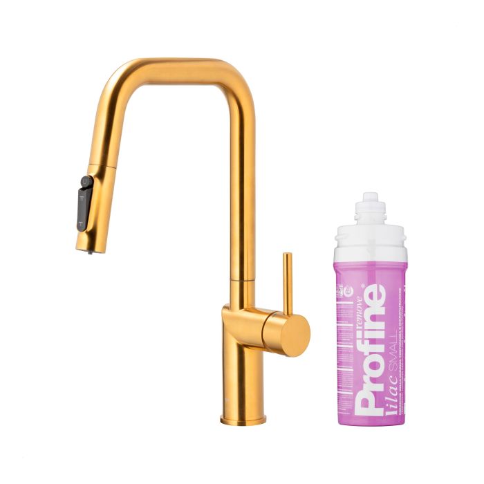Bateria zlewozmywakowa stojąca z funkcją filtracji wody, filtr LILAC S ARMATURA KRAKÓW DUERO PURE STYLE 1-otworowa ze stali nierdzewnej brushed gold PVD z wyciąganą wylewką  | 662331531