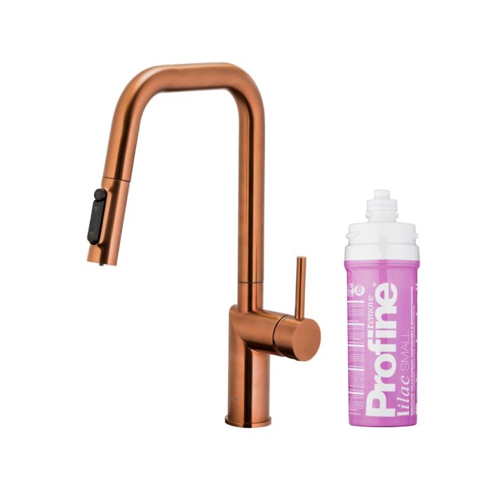 Bateria zlewozmywakowa stojąca z funkcją filtracji wody, filtr LILAC S ARMATURA KRAKÓW DUERO PURE STYLE 1-otworowa ze stali nierdzewnej brushed rose gold PVD z wyciąganą wylewką  | 662331534