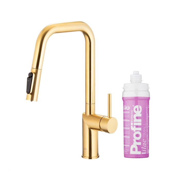 Bateria zlewozmywakowa stojąca z funkcją filtracji wody, filtr LILAC S ARMATURA KRAKÓW DUERO PURE STYLE 1-otworowa ze stali nierdzewnej brushed light gold PVD z wyciąganą wylewką  | 662331539