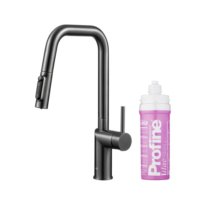 Bateria zlewozmywakowa stojąca z funkcją filtracji wody, filtr LILAC S ARMATURA KRAKÓW DUERO PURE STYLE 1-otworowa ze stali nierdzewnej gun metal grey PVD z wyciąganą wylewką  | 662331561