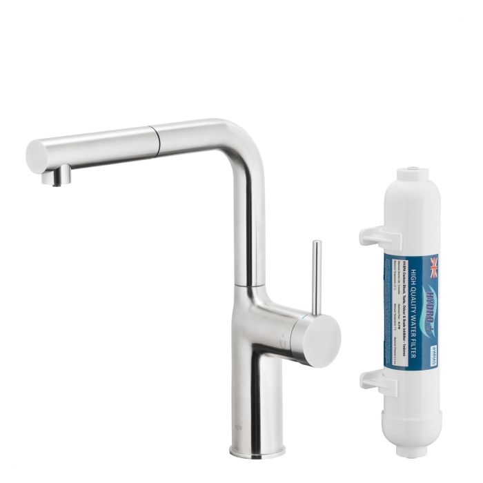 Bateria zlewozmywakowa stojąca z funkcją filtracji wody, filtr HYDRO+ ARMATURA KRAKÓW DUERO PURE MOVE 1-otworowa ze stali nierdzewnej inox z wyciąganą wylewką  | 662342222