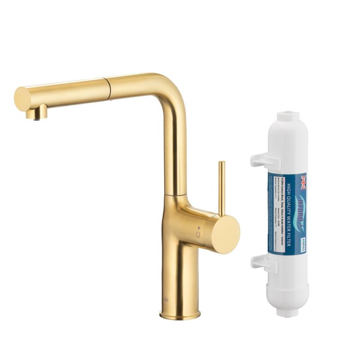 Bateria zlewozmywakowa stojąca z funkcją filtracji wody, filtr HYDRO+ ARMATURA KRAKÓW DUERO PURE MOVE 1-otworowa ze stali nierdzewnej brushed light gold PVD z wyciąganą wylewką  | 662342239
