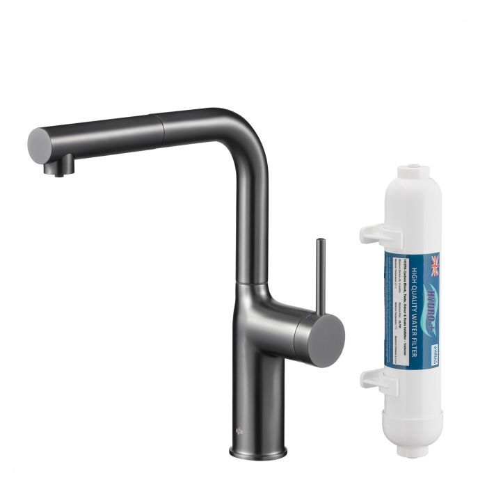 Bateria zlewozmywakowa stojąca z funkcją filtracji wody, filtr HYDRO+ ARMATURA KRAKÓW DUERO PURE MOVE 1-otworowa ze stali nierdzewnej gun metal grey PVD z wyciąganą wylewką  | 662342261