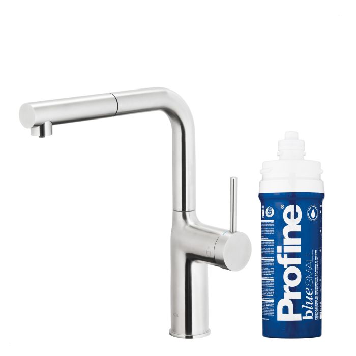 Bateria zlewozmywakowa stojąca z funkcją filtracji wody, filtr BLUE S ARMATURA KRAKÓW DUERO PURE MOVE 1-otworowa ze stali nierdzewnej inox z wyciąganą wylewką  | 662342322