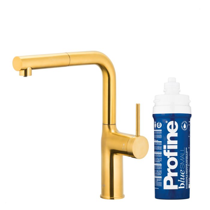 Bateria zlewozmywakowa stojąca z funkcją filtracji wody, filtr BLUE S ARMATURA KRAKÓW DUERO PURE MOVE 1-otworowa ze stali nierdzewnej brushed rose gold PVD z wyciąganą wylewką  | 662342331
