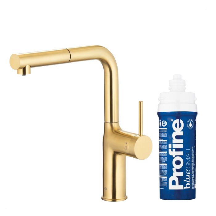 Bateria zlewozmywakowa stojąca z funkcją filtracji wody, filtr BLUE S ARMATURA KRAKÓW DUERO PURE MOVE 1-otworowa ze stali nierdzewnej brushed light gold PVD z wyciąganą wylewką  | 662342339