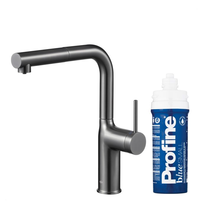 Bateria zlewozmywakowa stojąca z funkcją filtracji wody, filtr BLUE S ARMATURA KRAKÓW DUERO PURE MOVE 1-otworowa ze stali nierdzewnej gun metal grey PVD z wyciąganą wylewką  | 662342361