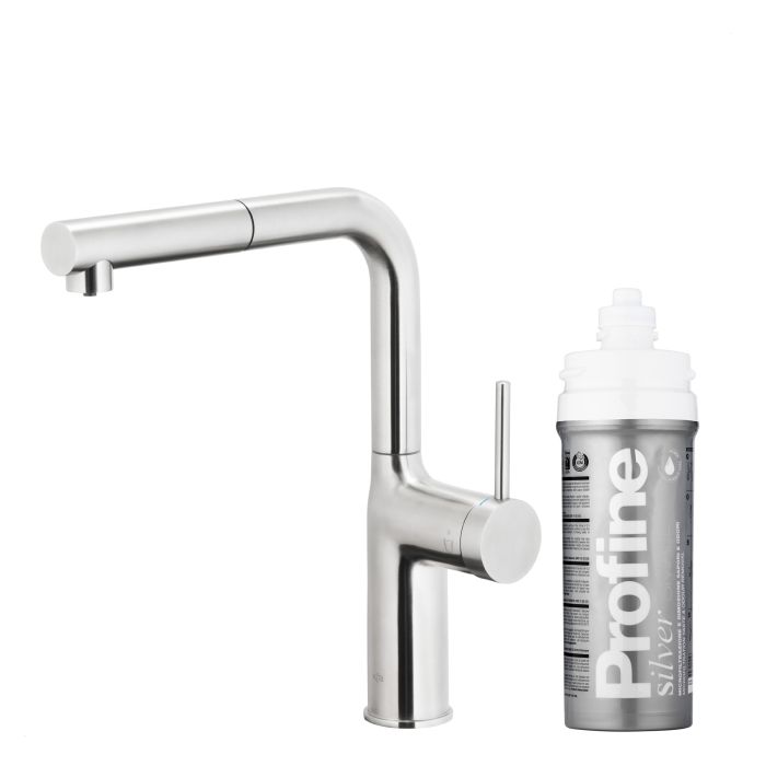 Bateria zlewozmywakowa stojąca z funkcją filtrowania wody, filtr SILVER S ARMATURA KRAKÓW DUERO PURE MOVE 1-otworowa ze stali nierdzewnej inox z wyciąganą wylewką  | 662342422