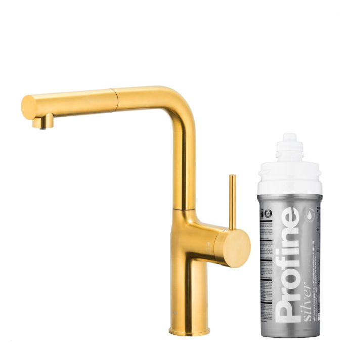 Bateria zlewozmywakowa stojąca z funkcją filtrowania wody, filtr SILVER S ARMATURA KRAKÓW DUERO PURE MOVE 1-otworowa ze stali nierdzewnej brushed gold PVD z wyciąganą wylewką  | 662342431