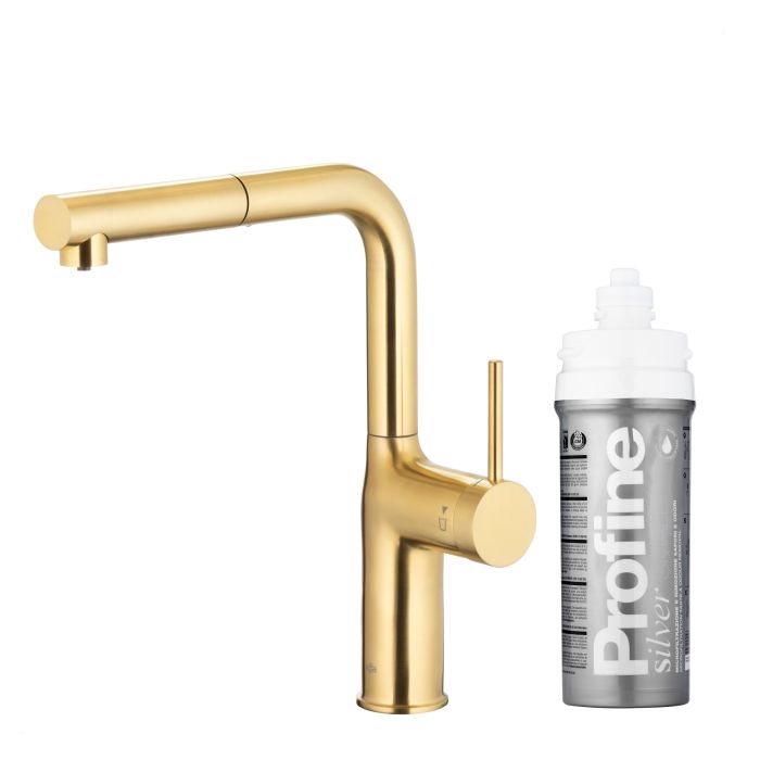 Bateria zlewozmywakowa stojąca z funkcją filtrowania wody, filtr SILVER S ARMATURA KRAKÓW DUERO PURE MOVE 1-otworowa ze stali nierdzewnej brushed light gold PVD z wyciąganą wylewką  | 662342439