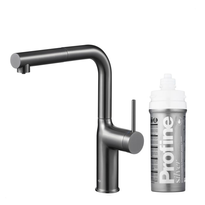 Bateria zlewozmywakowa stojąca z funkcją filtrowania wody, filtr SILVER S ARMATURA KRAKÓW DUERO PURE MOVE 1-otworowa ze stali nierdzewnej gun metal grey PVD z wyciąganą wylewką  | 662342461