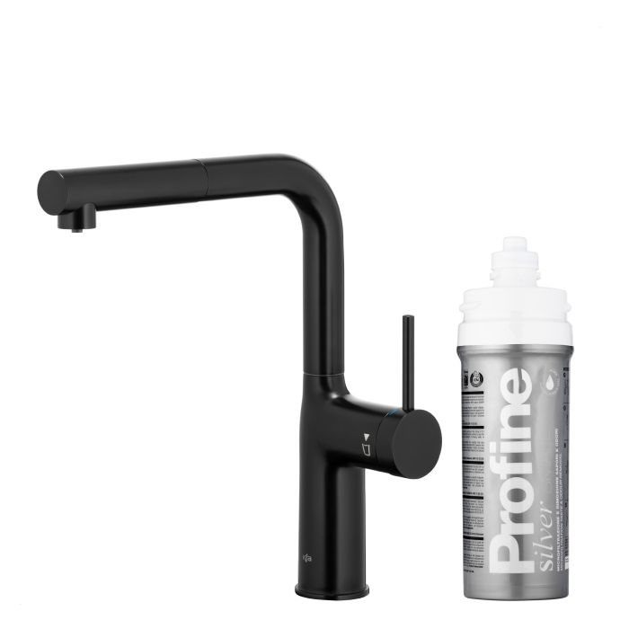 Bateria zlewozmywakowa stojąca z funkcją filtrowania wody, filtr SILVER S ARMATURA KRAKÓW DUERO PURE MOVE 1-otworowa ze stali nierdzewnej black z wyciąganą wylewką  | 662342481