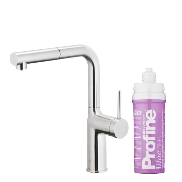 Bateria zlewozmywakowa stojąca z funkcją filtracji wody, filtr LILAC S ARMATURA KRAKÓW DUERO PURE MOVE 1-otworowa ze stali nierdzewnej inox z wyciąganą wylewką  | 662342522
