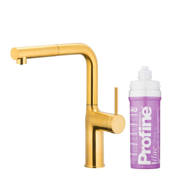 Bateria zlewozmywakowa stojąca z funkcją filtracji wody, filtr LILAC S ARMATURA KRAKÓW DUERO PURE MOVE 1-otworowa ze stali nierdzewnej brushed gold PVD z wyciąganą wylewką  | 662342531