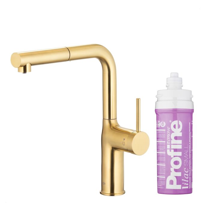 Bateria zlewozmywakowa stojąca z funkcją filtracji wody, filtr LILAC S ARMATURA KRAKÓW DUERO PURE MOVE 1-otworowa ze stali nierdzewnej brushed light gold PVD z wyciąganą wylewką  | 662342539