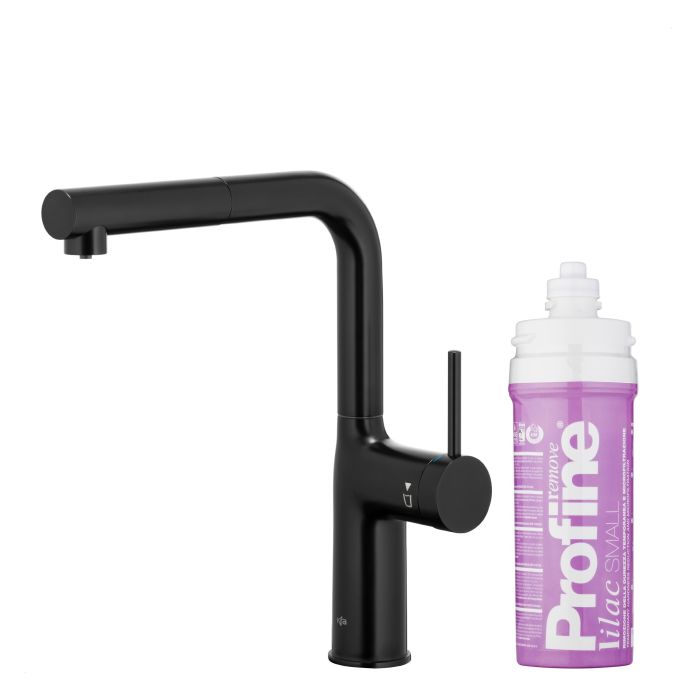 Bateria zlewozmywakowa stojąca z funkcją filtracji wody, filtr LILAC S ARMATURA KRAKÓW DUERO PURE MOVE 1-otworowa ze stali nierdzewnej black z wyciąganą wylewką  | 662342581