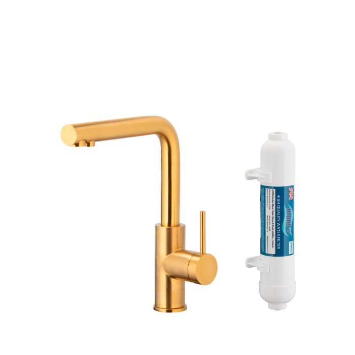 Bateria zlewozmywakowa stojąca z funkcją filtracji wody, filtr HYDRO+ ARMATURA KRAKÓW DUERO PURE BASIC 1-otworowa ze stali nierdzewnej brushed gold PVD  | 662391231