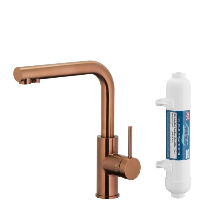 Bateria zlewozmywakowa stojąca z funkcją filtracji wody, filtr HYDRO+ ARMATURA KRAKÓW DUERO PURE BASIC 1-otworowa ze stali nierdzewnej brushed rose gold PVD  | 662391234