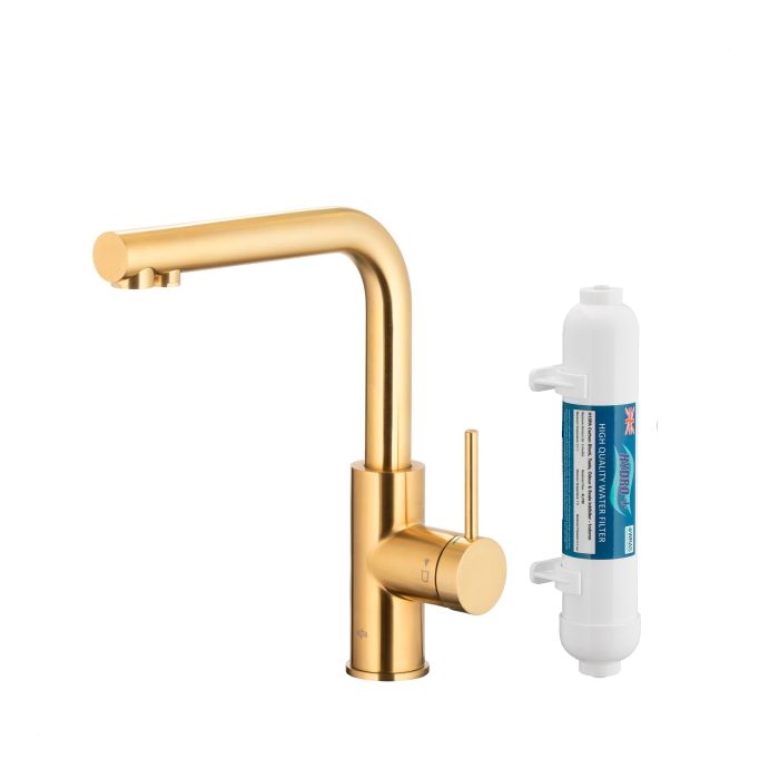 Bateria zlewozmywakowa stojąca z funkcją filtracji wody, filtr HYDRO+ ARMATURA KRAKÓW DUERO PURE BASIC 1-otworowa ze stali nierdzewnej brushed light gold PVD  | 662391239