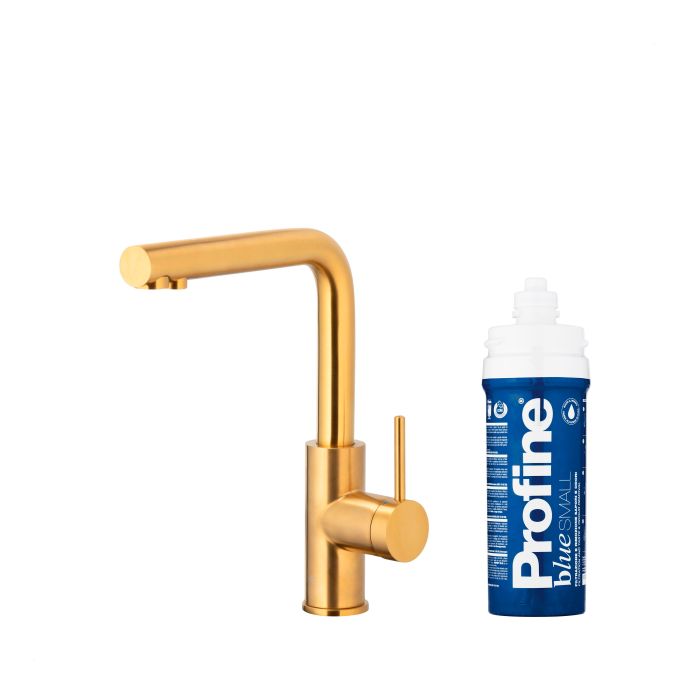 Bateria zlewozmywakowa stojąca z funkcją filtracji wody, filtr BLUE S ARMATURA KRAKÓW DUERO PURE BASIC 1-otworowa ze stali nierdzewnej brushed gold PVD  | 662391331
