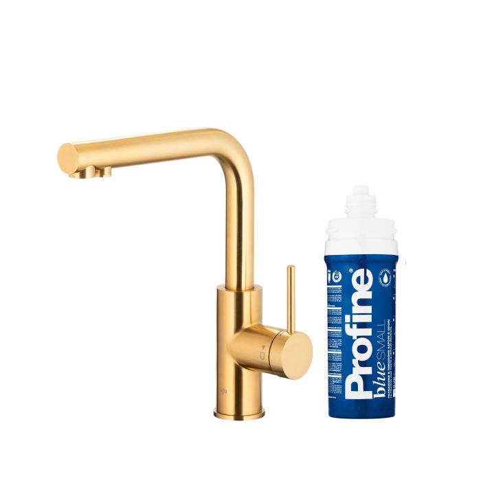Bateria zlewozmywakowa stojąca z funkcją filtracji wody, filtr BLUE S ARMATURA KRAKÓW DUERO PURE BASIC 1-otworowa ze stali nierdzewnej brushed light gold PVD  | 662391339