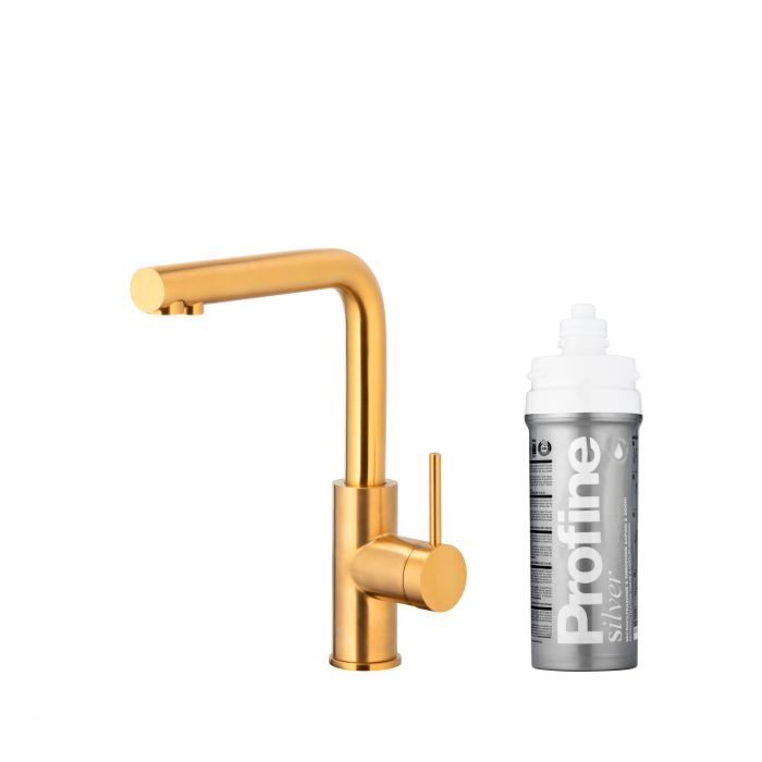 Bateria zlewozmywakowa stojąca z funkcją filtrowania wody, filtr SILVER S ARMATURA KRAKÓW DUERO PURE BASIC 1-otworowa ze stali nierdzewnej brushed gold PVD  | 662391431