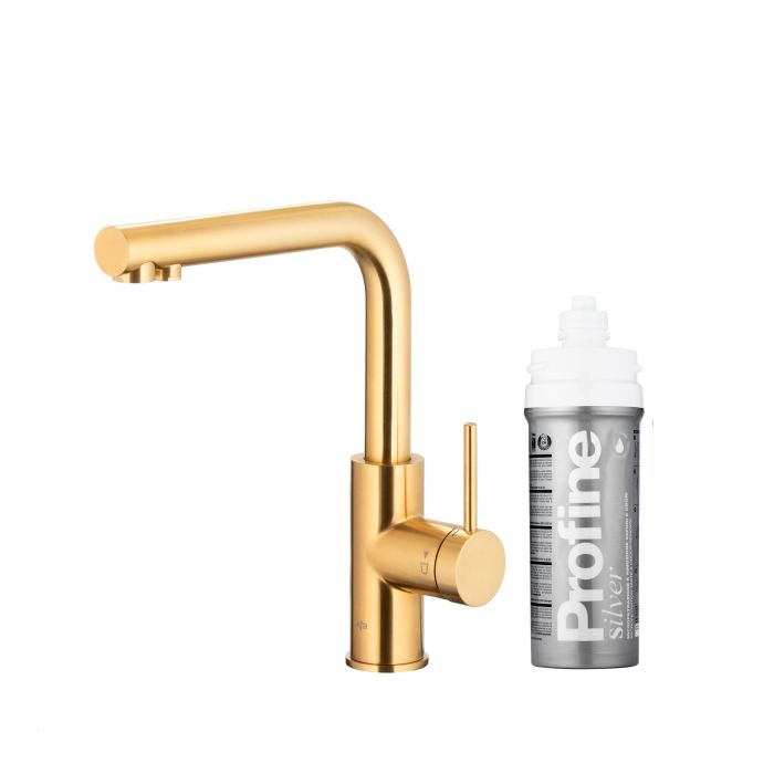 Bateria zlewozmywakowa stojąca z funkcją filtrowania wody, filtr SILVER S ARMATURA KRAKÓW DUERO PURE BASIC 1-otworowa ze stali nierdzewnej brushed light gold PVD  | 662391439
