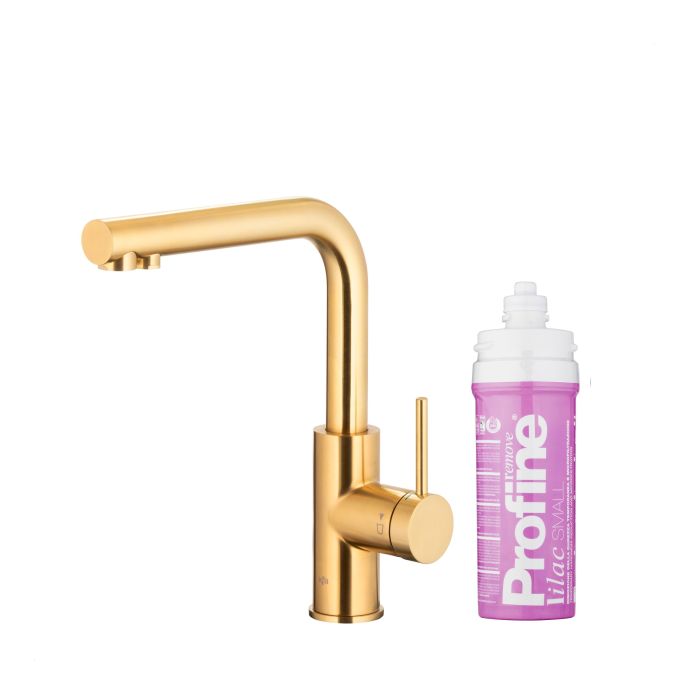 Bateria zlewozmywakowa stojąca z funkcją filtracji wody, filtr LILAC S ARMATURA KRAKÓW DUERO PURE BASIC 1-otworowa ze stali nierdzewnej brushed light gold PVD  | 662391539