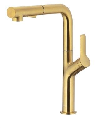 Bateria zlewozmywakowa stojąca ARMATURA KRAKÓW DUERO DESIGN GOLD 1-uchwytowa 1-otworowa ze stali nierdzewnej złoty szczotkowany PVD z wyciąganą i obrotową wylewką | 662322031
