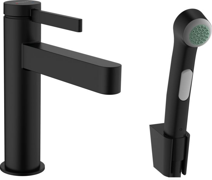 Bateria umywalkowa stojąca HANSGROHE Finoris 1-uchwytowa 1-otworowa może współpracować z przepływowymi podgrzewaczami wody czarna matowa główka bidette, uchwyt prysznicowy, wąż prysznicowy 1600 mm | 76210670